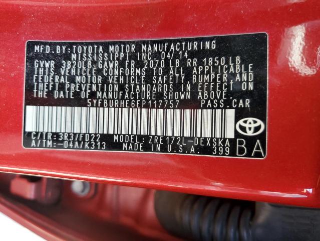 5YFBURHE6EP117757 - 2014 TOYOTA COROLLA L RED photo 12