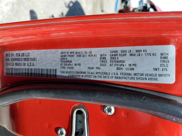 1C6RR6GG1MS515481 - 2021 RAM 1500 CLASS SLT წითელი ფოტო 13
