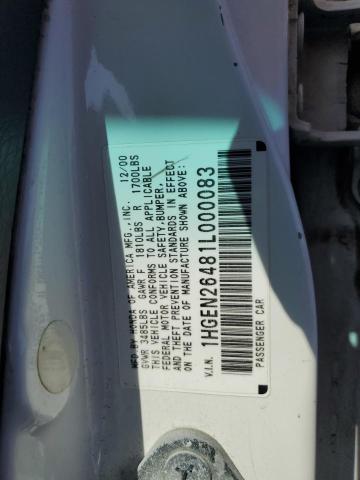 1HGEN26481L000083 - 2001 HONDA CIVIC GX WHITE photo 12