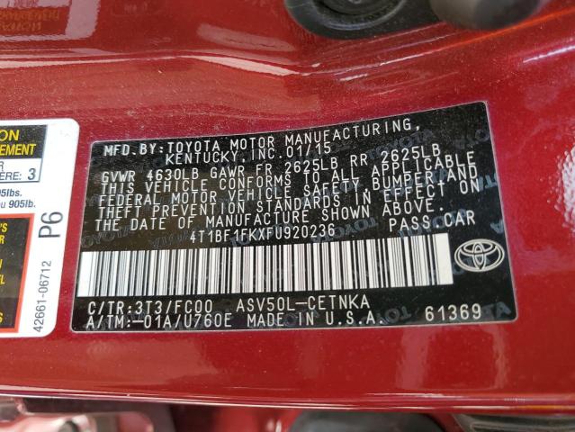 4T1BF1FKXFU920236 - 2015 TOYOTA CAMRY LE RED photo 13