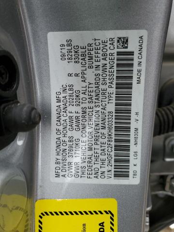 2HGFC2F89KH603328 - 2019 HONDA CIVIC SPORT 银色 照片 12