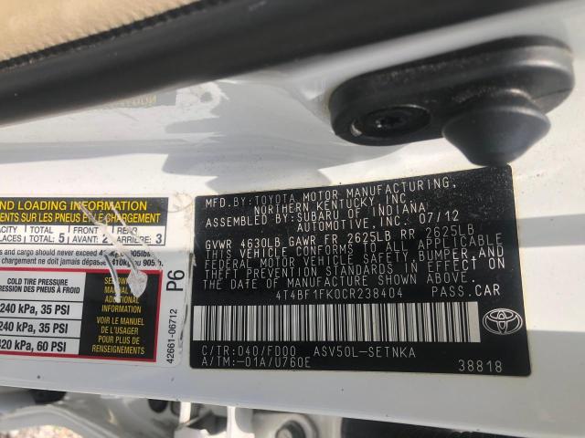 4T4BF1FK0CR238404 - 2012 TOYOTA CAMRY BASE WHITE photo 10