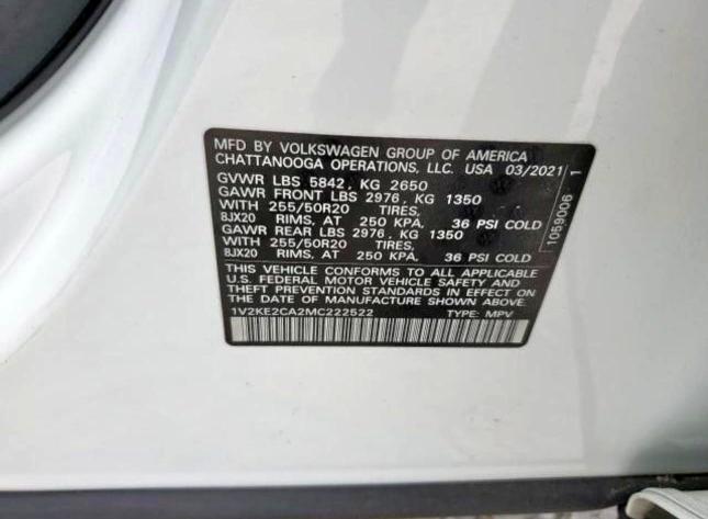 1V2KE2CA2MC222522 - 2021 VOLKSWAGEN ATLAS CROS SE WHITE photo 10
