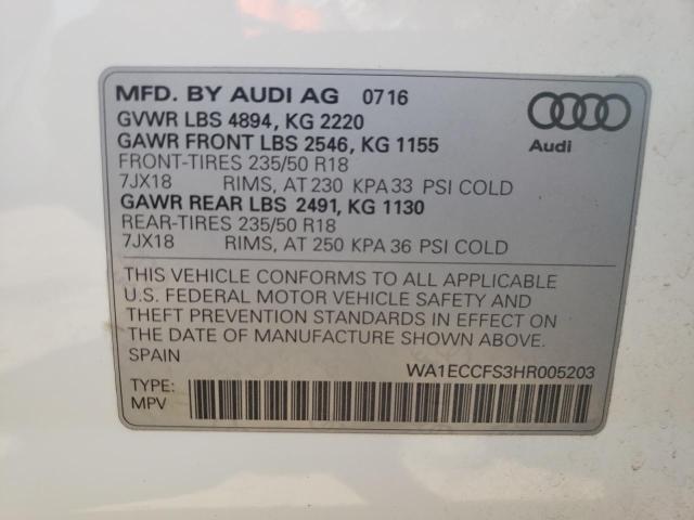 WA1ECCFS3HR005203 - 2017 AUDI Q3 PREMIUM WHITE photo 10