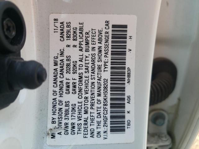 2HGFC2F85KH508202 - 2019 HONDA CIVIC SPORT 白色 照片 12