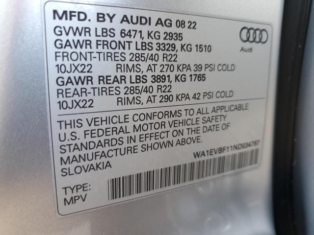 WA1EVBF11ND034767 - 2022 AUDI Q8 PREMIUM PLUS S-LINE SILVER photo 12