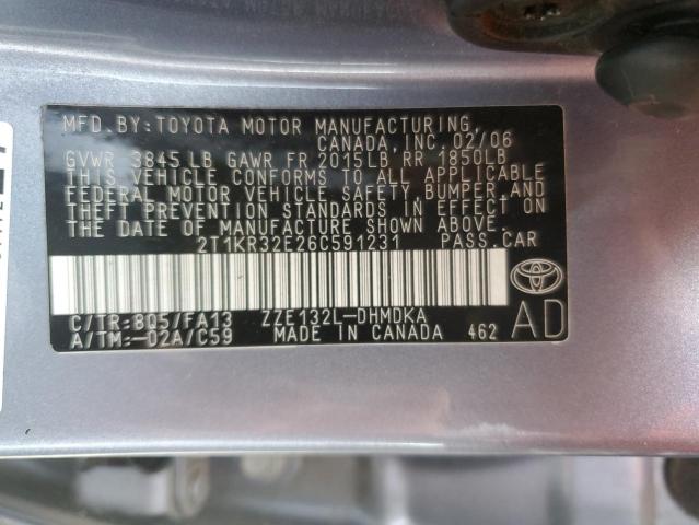 2T1KR32E26C591231 - 2006 TOYOTA COROLLA MA XR TURQUOISE photo 12