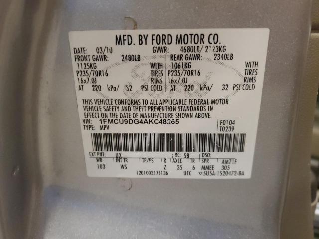 1FMCU9DG4AKC48265 - 2010 FORD ESCAPE XLT 银色 照片 12