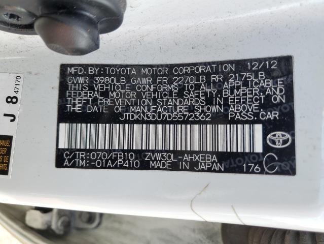 JTDKN3DU7D5572362 - 2013 TOYOTA PRIUS WHITE photo 12