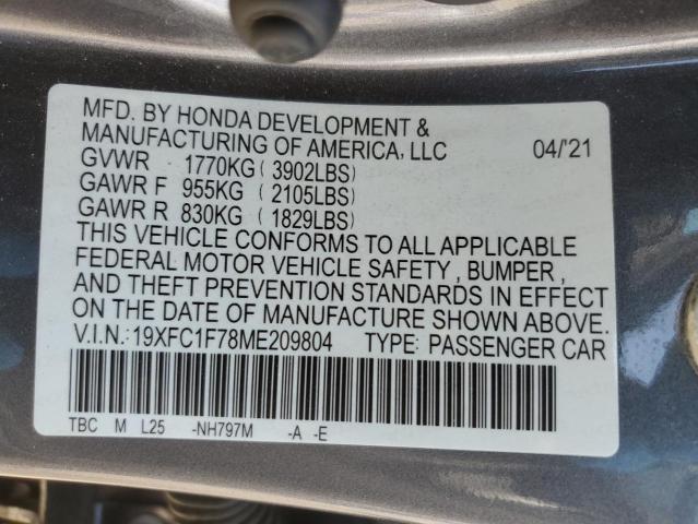 19XFC1F78ME209804 - 2021 HONDA CIVIC EXL GRAY photo 12
