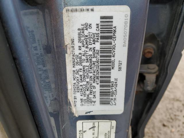 4T1BE32K02U607162 - 2002 TOYOTA CAMRY LE BLUE photo 12