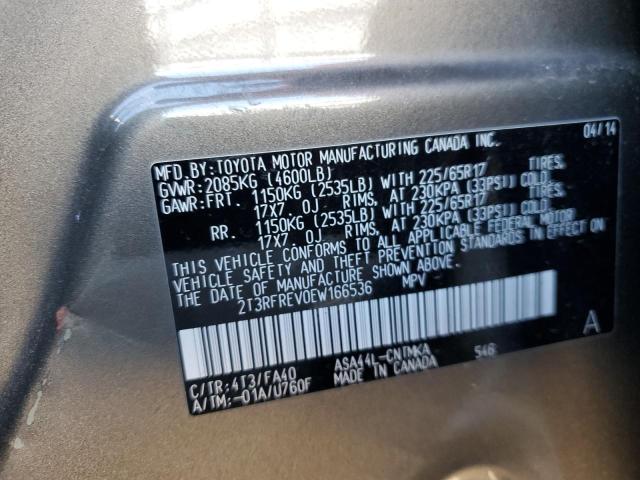 2T3RFREV0EW166536 - 2014 TOYOTA RAV4 XLE GRAY photo 12