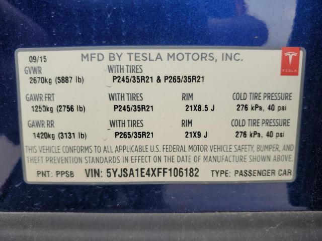 5YJSA1E4XFF106182 - 2015 TESLA MODEL S BLUE photo 13