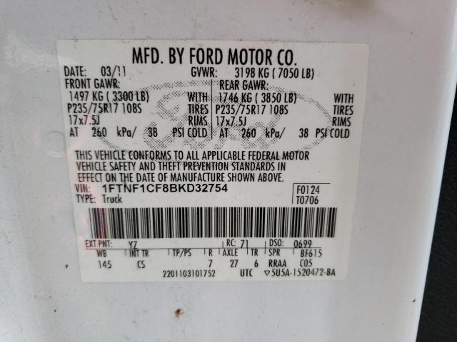 1FTNF1CF8BKD32754 - 2011 FORD F-150 WHITE photo 12