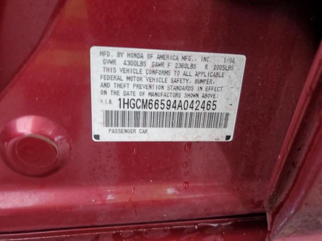 1HGCM66594A042465 - 2004 HONDA ACCORD EX RED photo 13