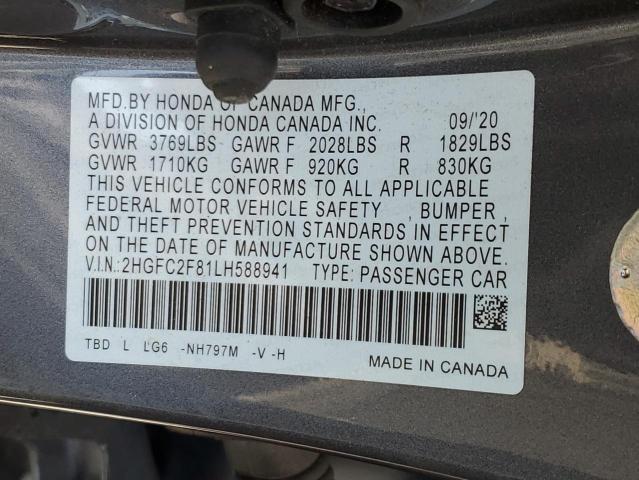 2HGFC2F81LH588941 - 2020 HONDA CIVIC SPORT 石墨色 照片 12