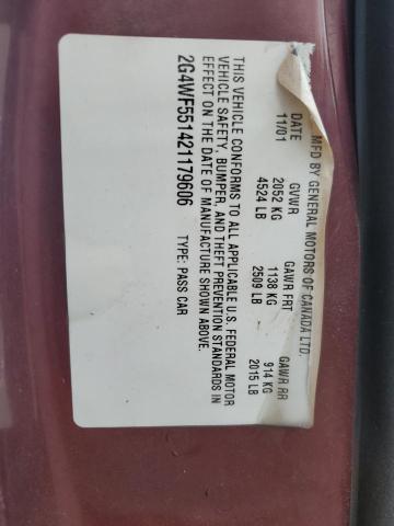 2G4WF551421179606 - 2002 BUICK REGAL GS BURGUNDY photo 12