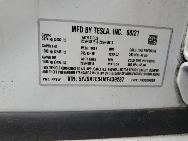 5YJSA1E54MF439287 - 2021 TESLA MODEL S WHITE photo 12