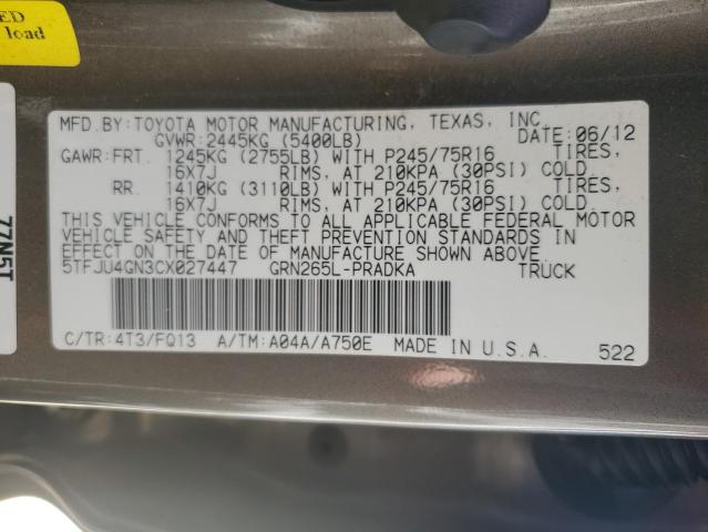5TFJU4GN3CX027447 - 2012 TOYOTA TACOMA DOUBLE CAB PRERUNNER GRAY photo 12