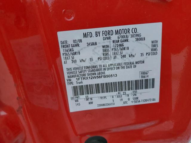 1FTRX12W58FB50513 - 2008 FORD F150 RED photo 12