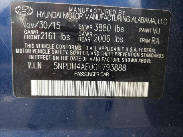 5NPDH4AE0GH793888 - 2016 HYUNDAI ELANTRA SE BLUE photo 12