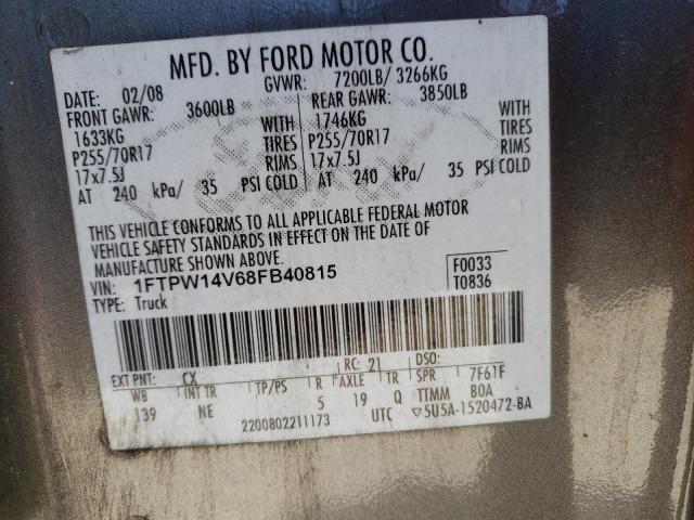 1FTPW14V68FB40815 - 2008 FORD F150 SUPERCREW GRAY photo 12