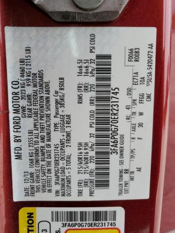 3FA6P0G70ER231745 - 2014 FORD FUSION S RED photo 13