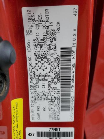 5TFJU4GNXDX034901 - 2013 TOYOTA TACOMA DOUBLE CAB PRERUNNER RED photo 12