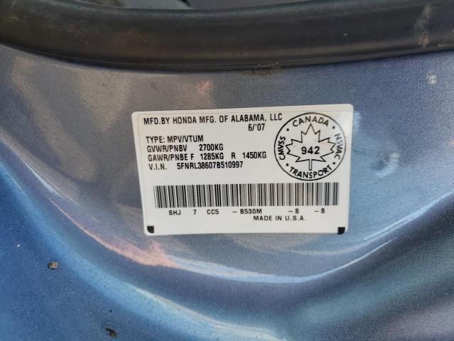 5FNRL38607B510997 - 2007 HONDA ODYSSEY EXL BLUE photo 13