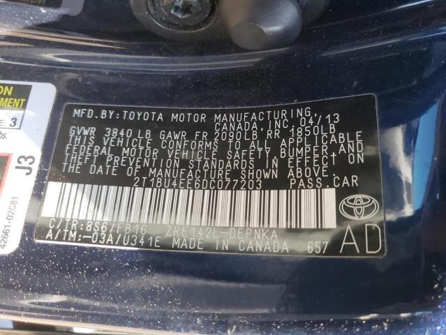 2T1BU4EE6DC077203 - 2013 TOYOTA COROLLA BASE BLUE photo 12