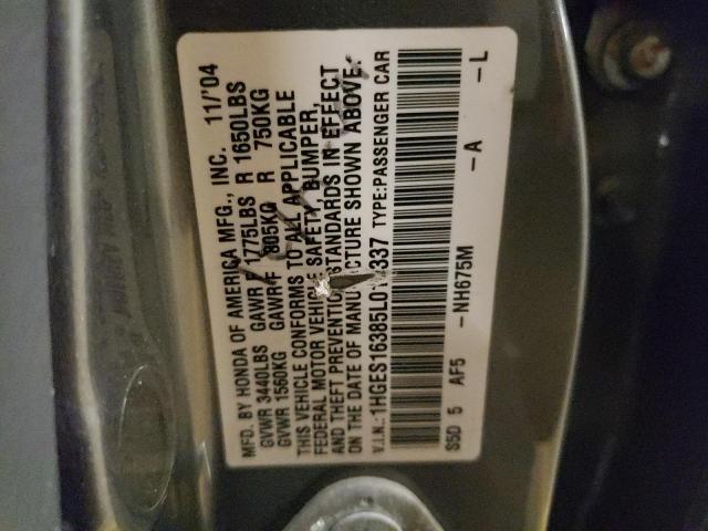 1HGES16385L010337 - 2005 HONDA CIVIC DX VP Boz foto 12