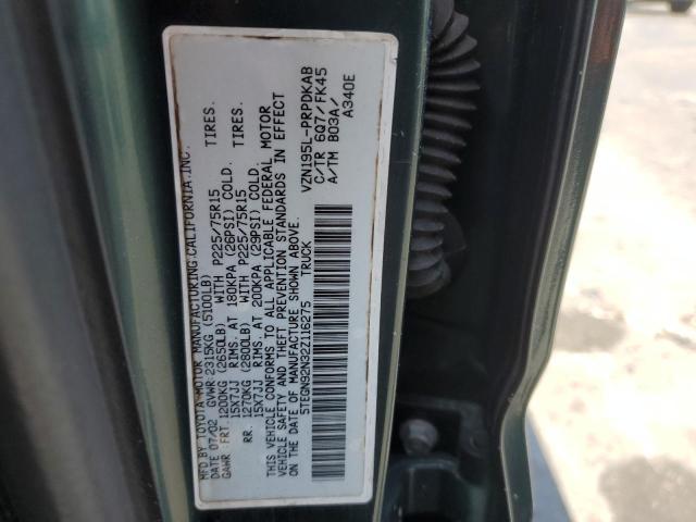 5TEGN92N32Z116275 - 2002 TOYOTA TACOMA DOUBLE CAB PRERUNNER GREEN photo 12