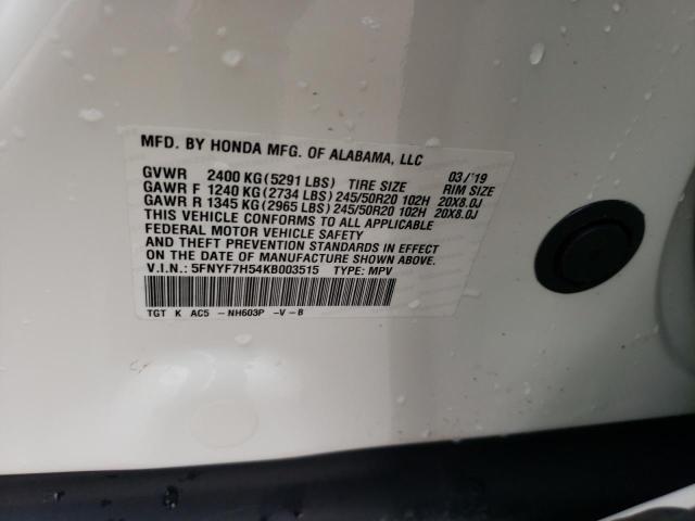 5FNYF7H54KB003515 - 2019 HONDA PASSPORT EXL WHITE photo 12