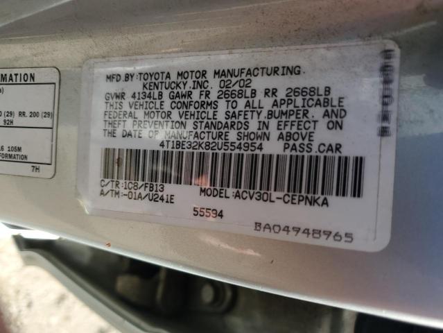 4T1BE32K82U554954 - 2002 TOYOTA CAMRY LE SILVER photo 12