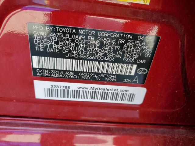 JTHCH96S660004404 - 2006 LEXUS GS 300 BURGUNDY photo 12