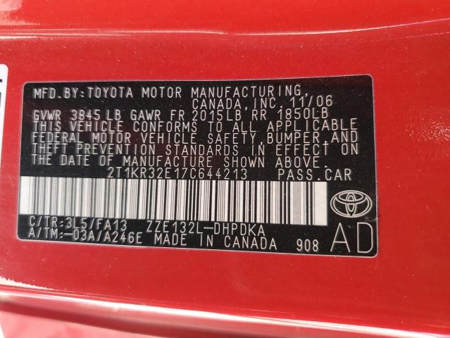 2T1KR32E17C644213 - 2007 TOYOTA COROLLA MA XR RED photo 12