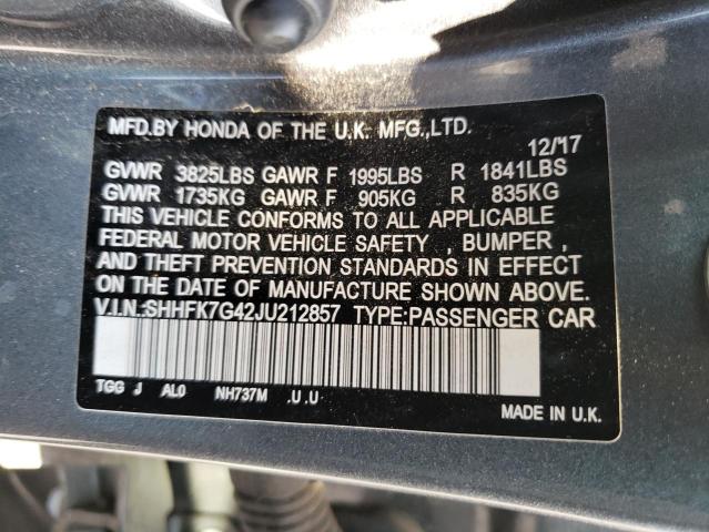 SHHFK7G42JU212857 - 2018 HONDA CIVIC SPORT 灰色 照片 12