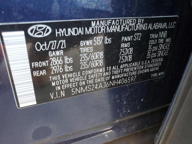 5NMS24AJ6NH406597 - 2022 HYUNDAI SANTA FE SEL BLUE photo 14