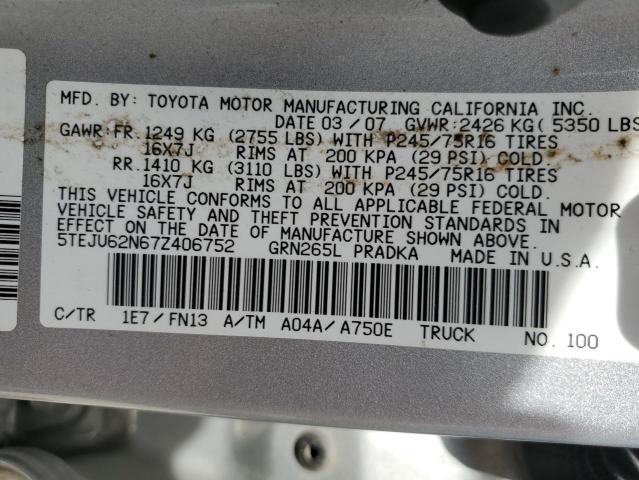 5TEJU62N67Z406752 - 2007 TOYOTA TACOMA DOUBLE CAB PRERUNNER SILVER photo 13