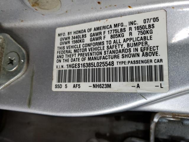 1HGES16385L025548 - 2005 HONDA CIVIC DX VP SILVER photo 12