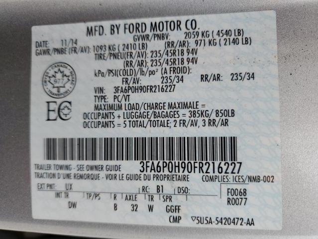 3FA6P0H90FR216227 - 2015 FORD FUSION SE SILVER photo 12