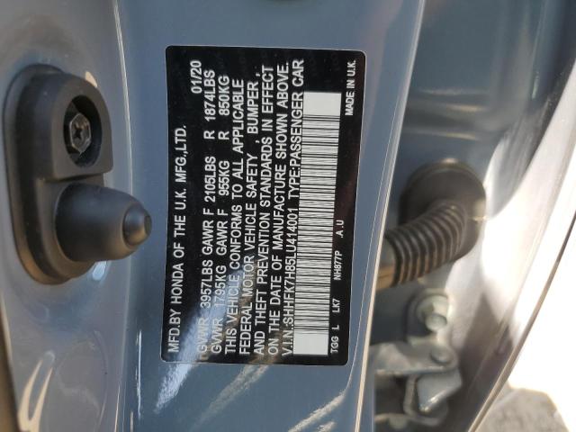 SHHFK7H85LU414001 - 2020 HONDA CIVIC EXL BLUE photo 12