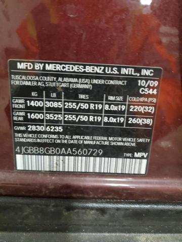 4JGBB8GB0AA560729 - 2010 MERCEDES-BENZ ML 350 4MATIC BURGUNDY photo 13
