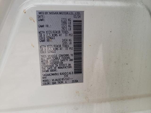 5N1AR2MN9EC660163 - 2014 NISSAN PATHFINDER S 白色 照片 13