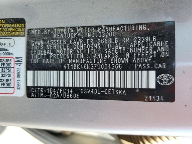 4T1BK46K37U004366 - 2007 TOYOTA CAMRY LE SILVER photo 12