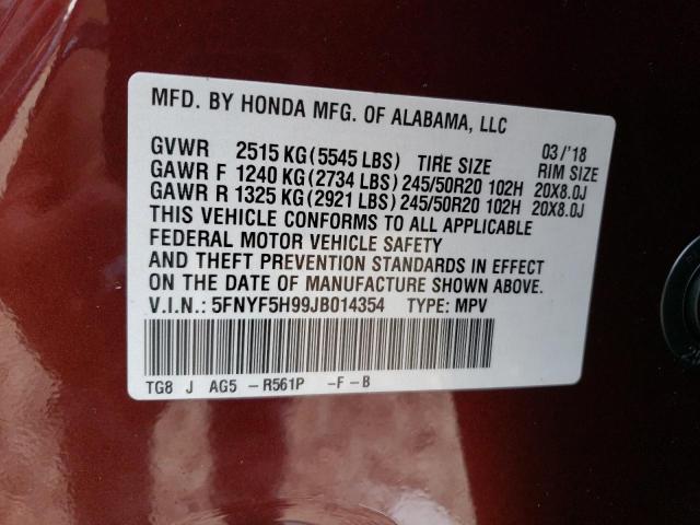 5FNYF5H99JB014354 - 2018 HONDA PILOT TOURING BURGUNDY photo 14