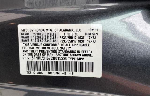 5FNRL5H67CB015220 - 2012 HONDA ODYSSEY EXL CHARCOAL photo 10