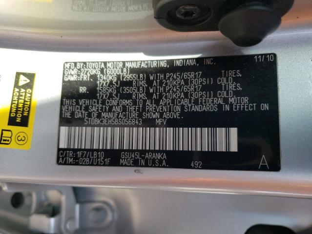 5TDBK3EH5BS056843 - 2011 TOYOTA HIGHLANDER BASE SILVER photo 13