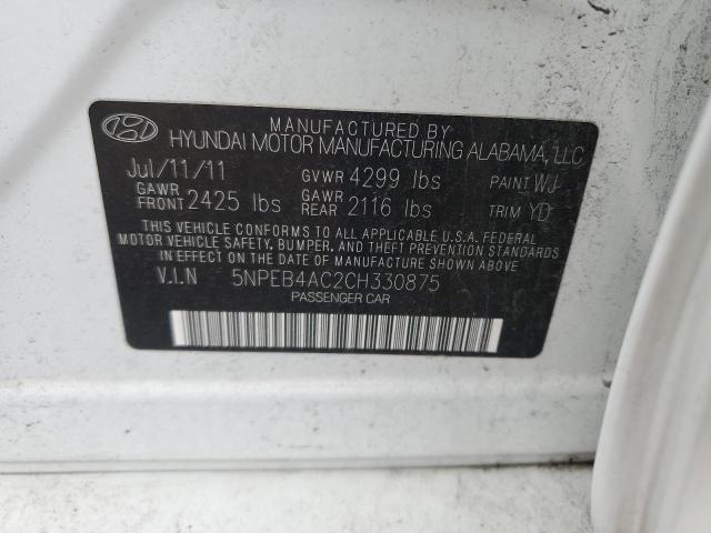 5NPEB4AC2CH330875 - 2012 HYUNDAI SONATA GLS WHITE photo 12