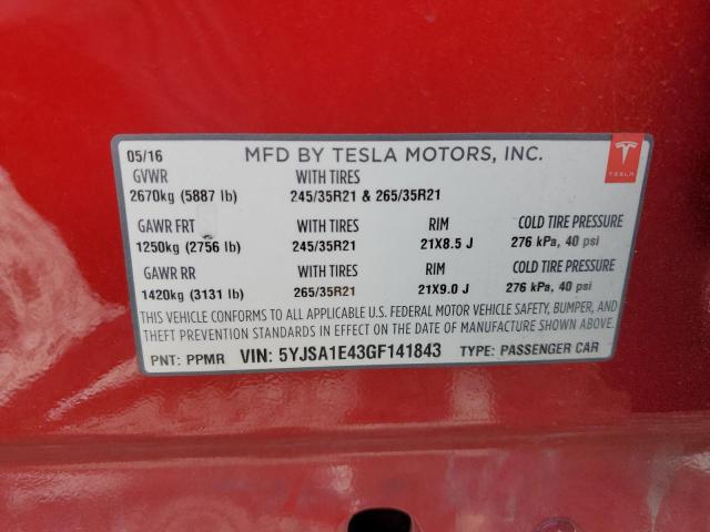 5YJSA1E43GF141843 - 2016 TESLA MODEL S RED photo 12